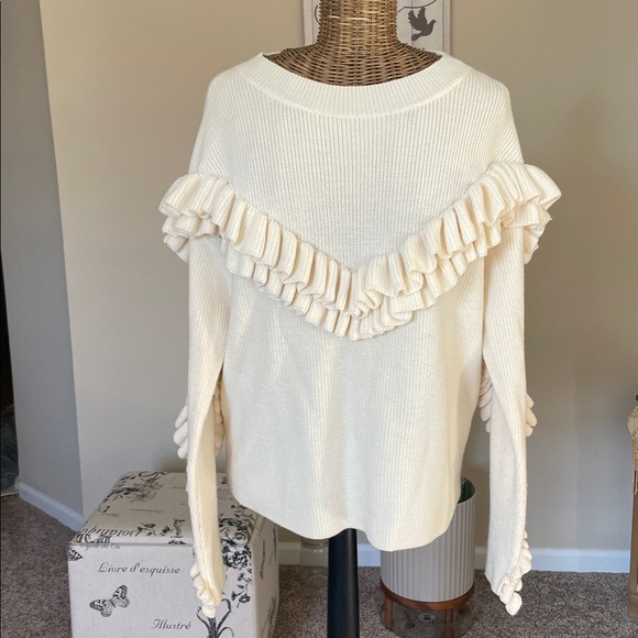 Frame Ruffle Yoke Ribbed Wool Blend Off White Oversized Knit Sweater - Picture 3 of 9